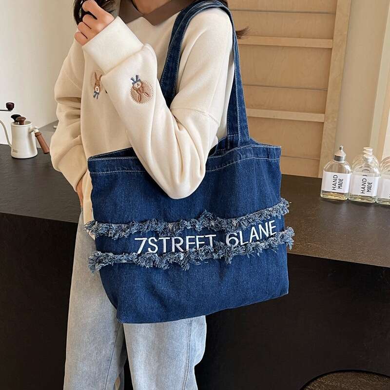 Fashion Frayed Bags Designer Women Letter Denim for Women 2025 New Large Capacity Shoulder Bag Trendy Versatile Handbag