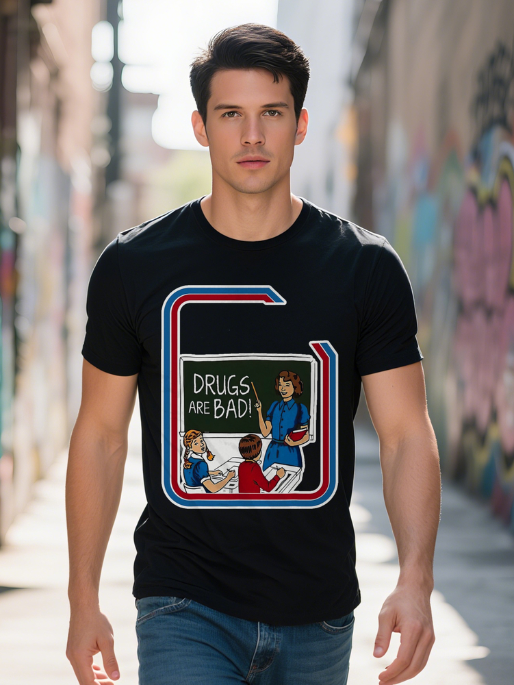 Humorous Men's Vintage Inspired Black T-Shirt with Drugs Are Bad Graphic Casual Short Sleeve Ideal Summer Gift for