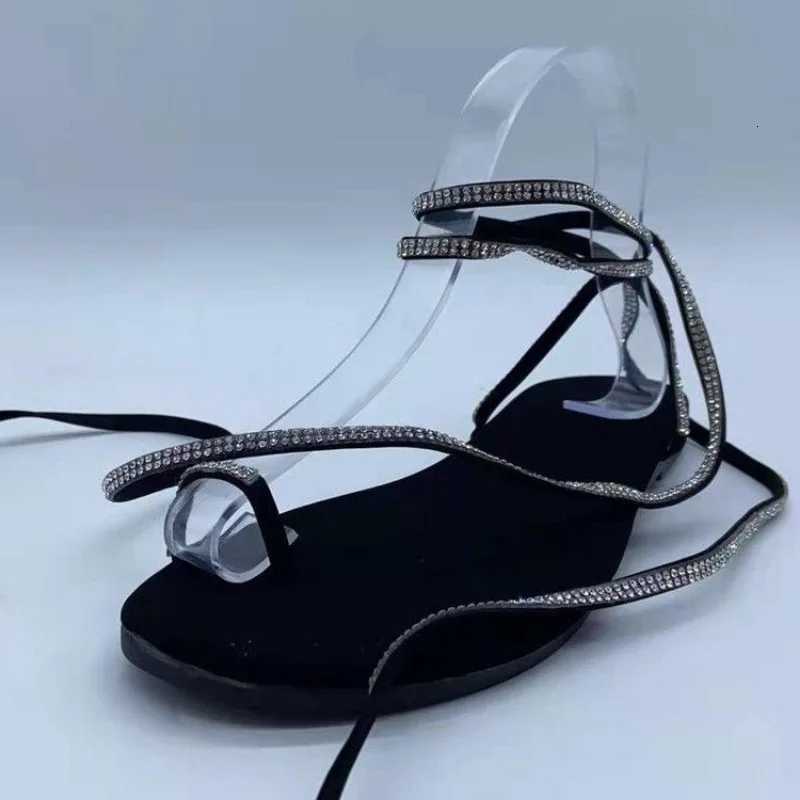2025 Summer New Popular Women Shoes Shiny Diamond Flat with Party Solid Black Ladies Sexy Sandals Cross Strap Womens Shoes W250814