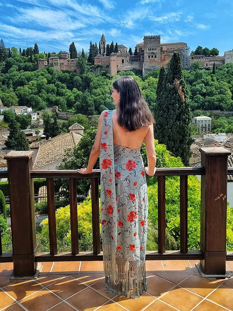 Print Tassels One-piece Long Dress Women Elegant Scarf Collar Sleeveless Backless Slim Party Dresses Fashion Ladies Vestidos 250813