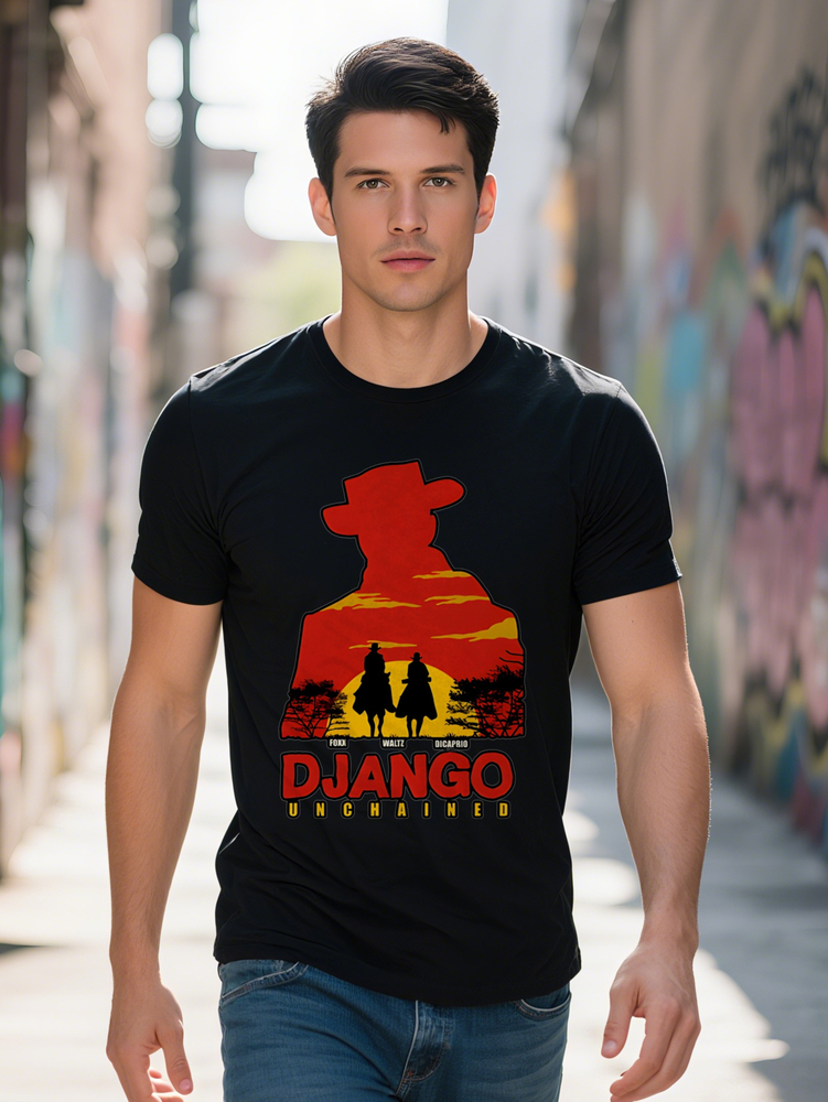 Western Movie Themed Men's Casual Crew Neck T-Shirt Django Unchained Design Black with Red Yellow Accents