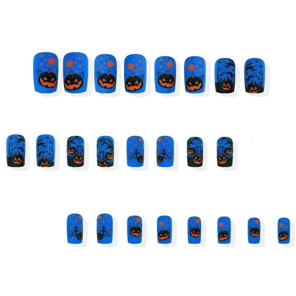 24pcs Halloween Blue Frosted Fake Long Ballet Ghost Pumpkin False Design Press On Nails Square Horror Artificial Nail X250814