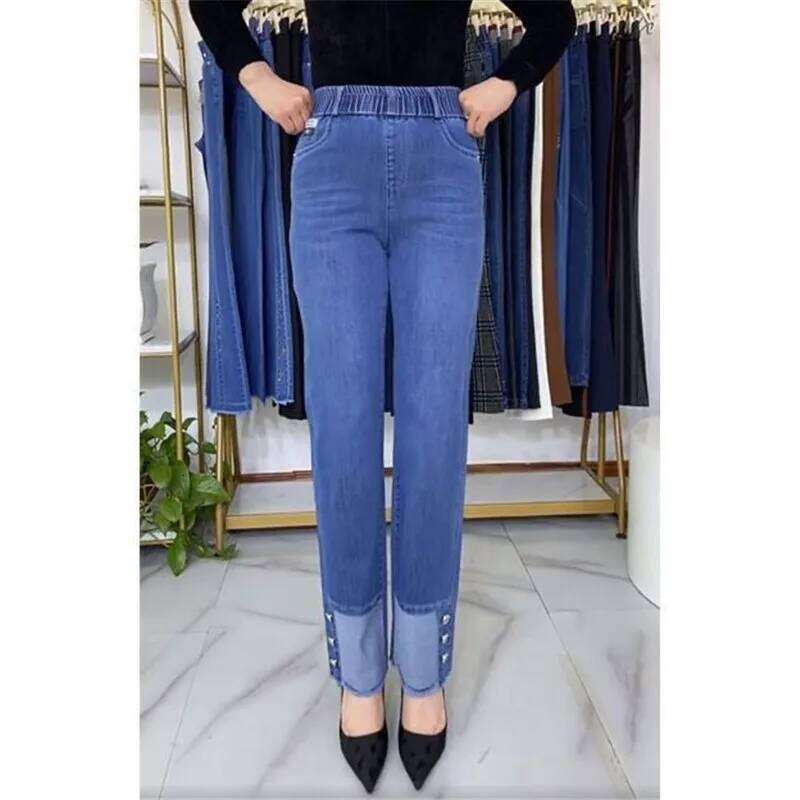 Middle-aged Women's Jeans Spring Autumn Stretch Straight Denim Pants Large Size Loose High Waist Casual Black Blue Trouser