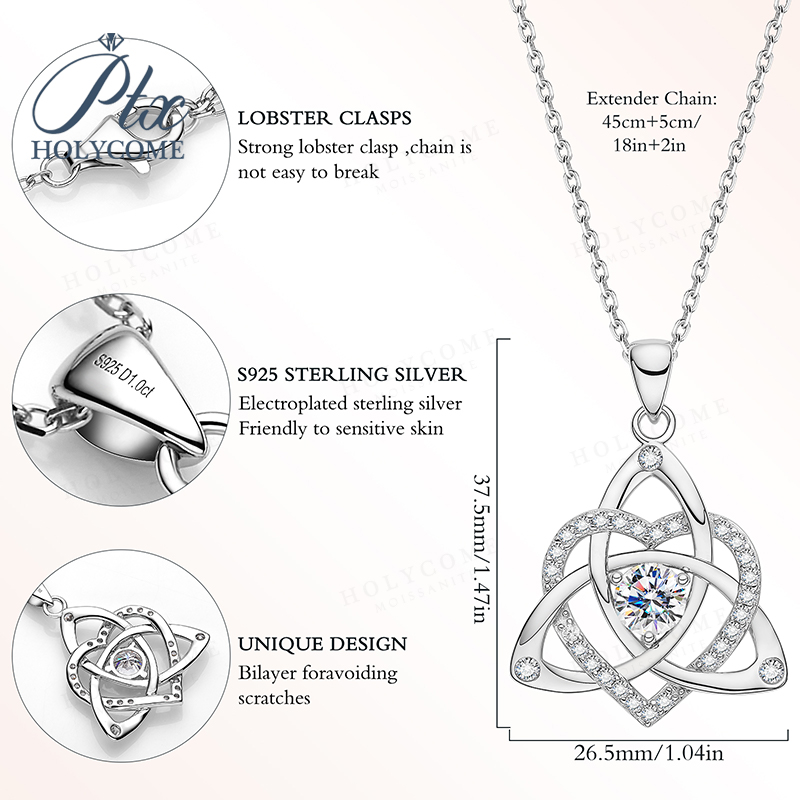 Fashion Jewelry Heart Shaped Shamrock Pendant Necklace Moissanite Diamond 925 Sterling Silver Anniversary Birthday Gift Hypoallergenic Intricate