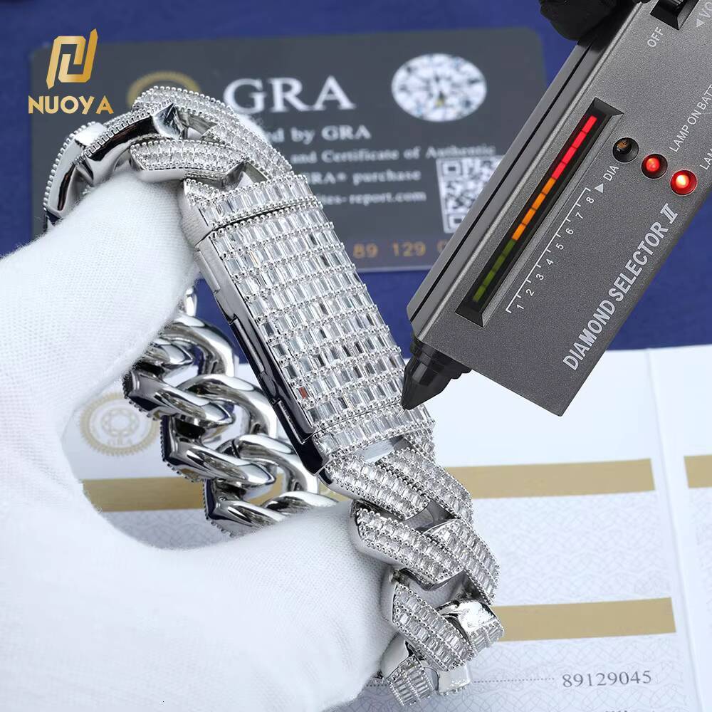 NUOYA Fine Jewelry 20mm 925 Sterling Silver Chunky Cuban Link Chain Pass Diamond Test Baguette VVS Moissanite Necklace Women
