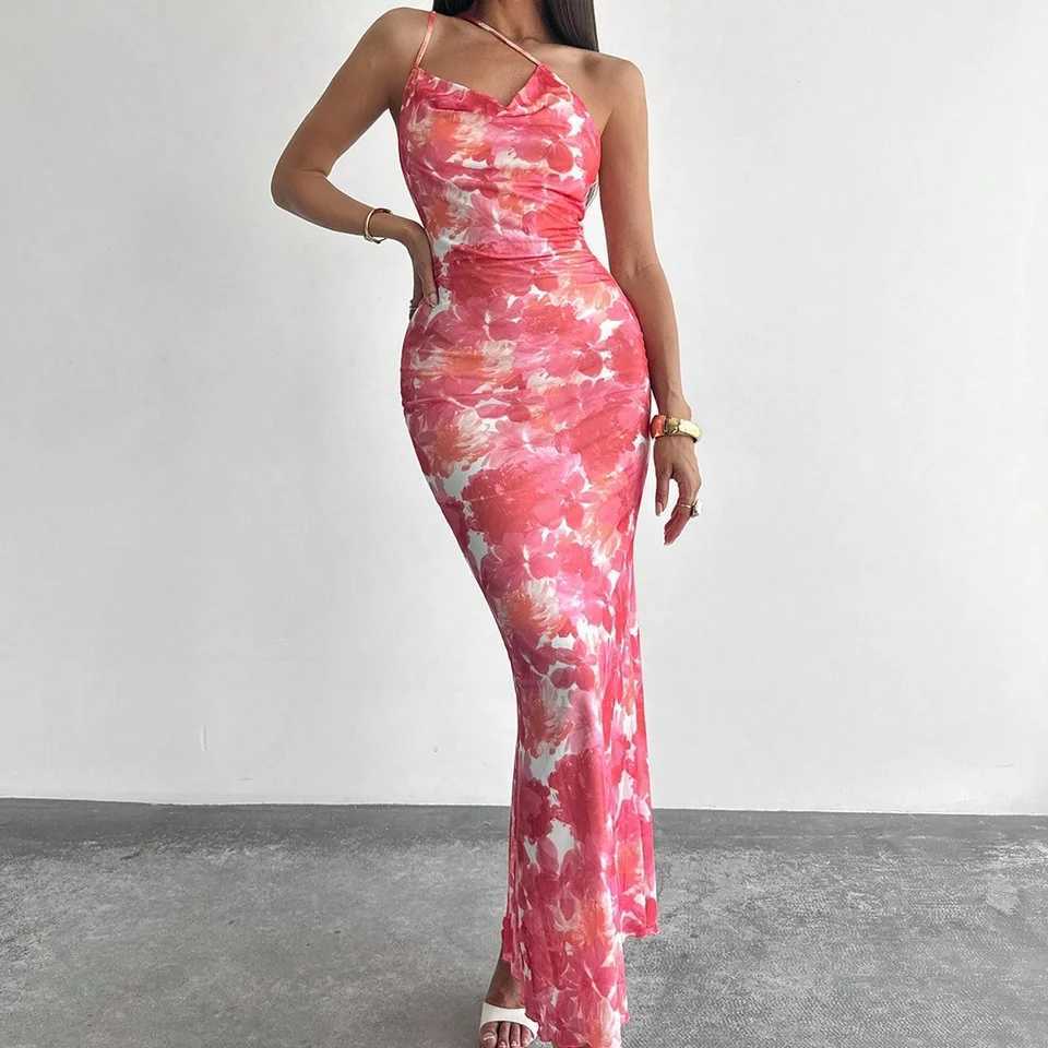 Sexy Slant Collar Halter Print Dress Fashionable New Arrival Womens Sleeveless Gown in Vibrant Colors and Patterns XJ250814