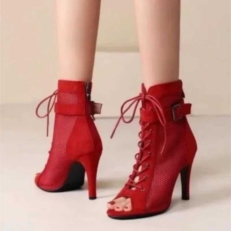 New Noble High Quality Jazz Dance Shoes for Womens Sexy Red Heels Ankle Boots Peep Toe Zipper Indoor Dancing Sandals W250814