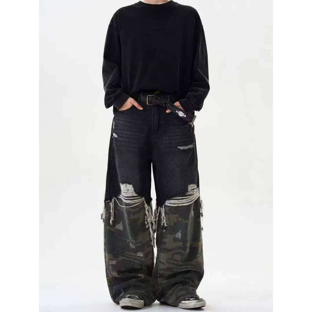 Hip-hop high street fashion diagonal breasted dark men trendy camouflage patchwork high-waisted jeans casual loose pants