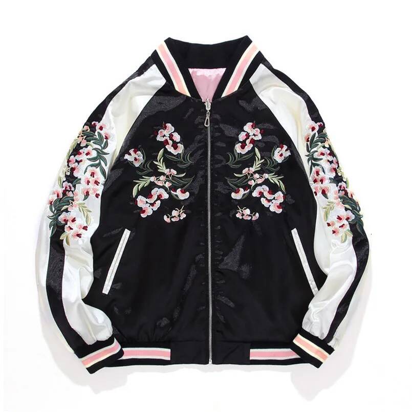 Women's Satin Sukan Embroidered Bomber Baseball Jacket 2 Double Sided Female Coat Floral Haruku Autumn Japanese Girls Z1