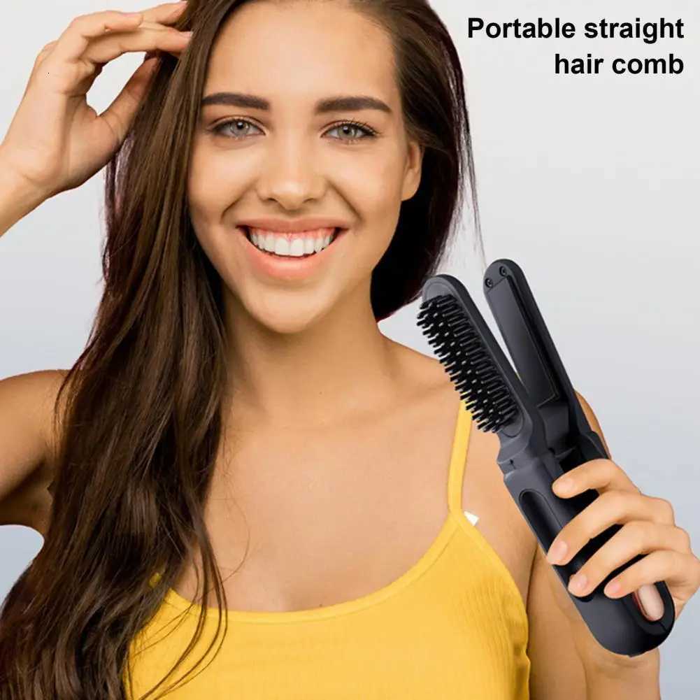 3-Temp Adjustable Portable Cordless Hair Straightener Brush Negative Ions Hot Brush Electric Curly Hair Styling Detangling Comb W250814