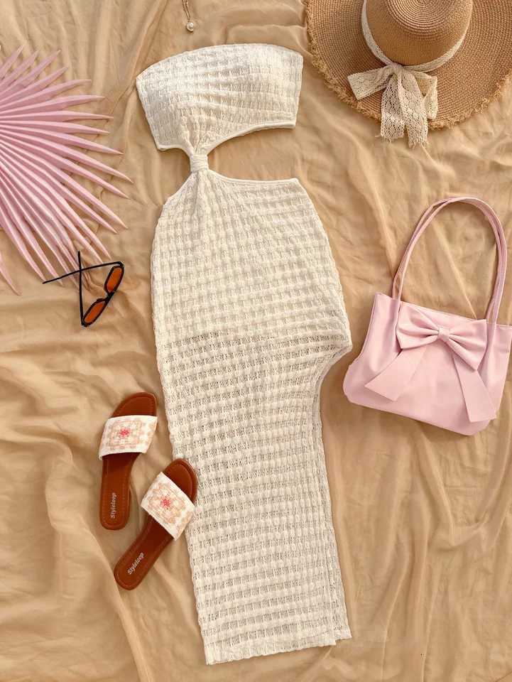 Womens Spring Summer Sexy Faux Hollow Out Strapless Long Dress Sleeveless Gown for Party Evening Wear XJ250814