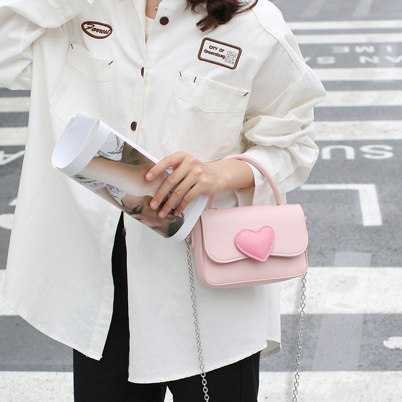 New Pink Heart Color-Block Small Square Fashion High-End Handbag Fresh Simple Versatile Chain Bag