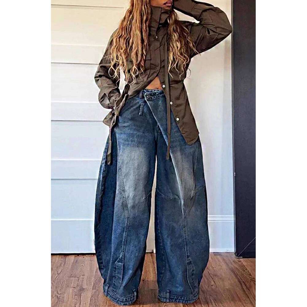 Loose Pants Asymmetric Button Pocket Washed Casual Haruku High Street Grunge Denim Trouders Jeans for Women