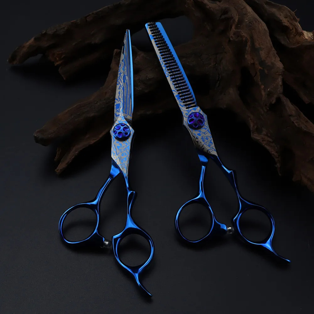 Professional 6 Blue Damascus hair cutting scissors Gem screw haircut thinning barber tools steel shears Hairdressing scissors 250812