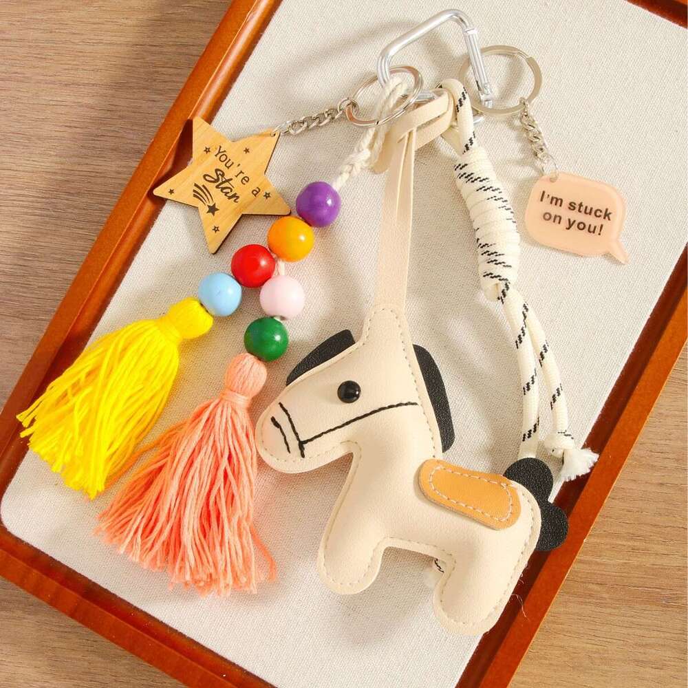 Milky White PU Star Tassel High-End Bag Pendant Pony Keychain Car Hanging
