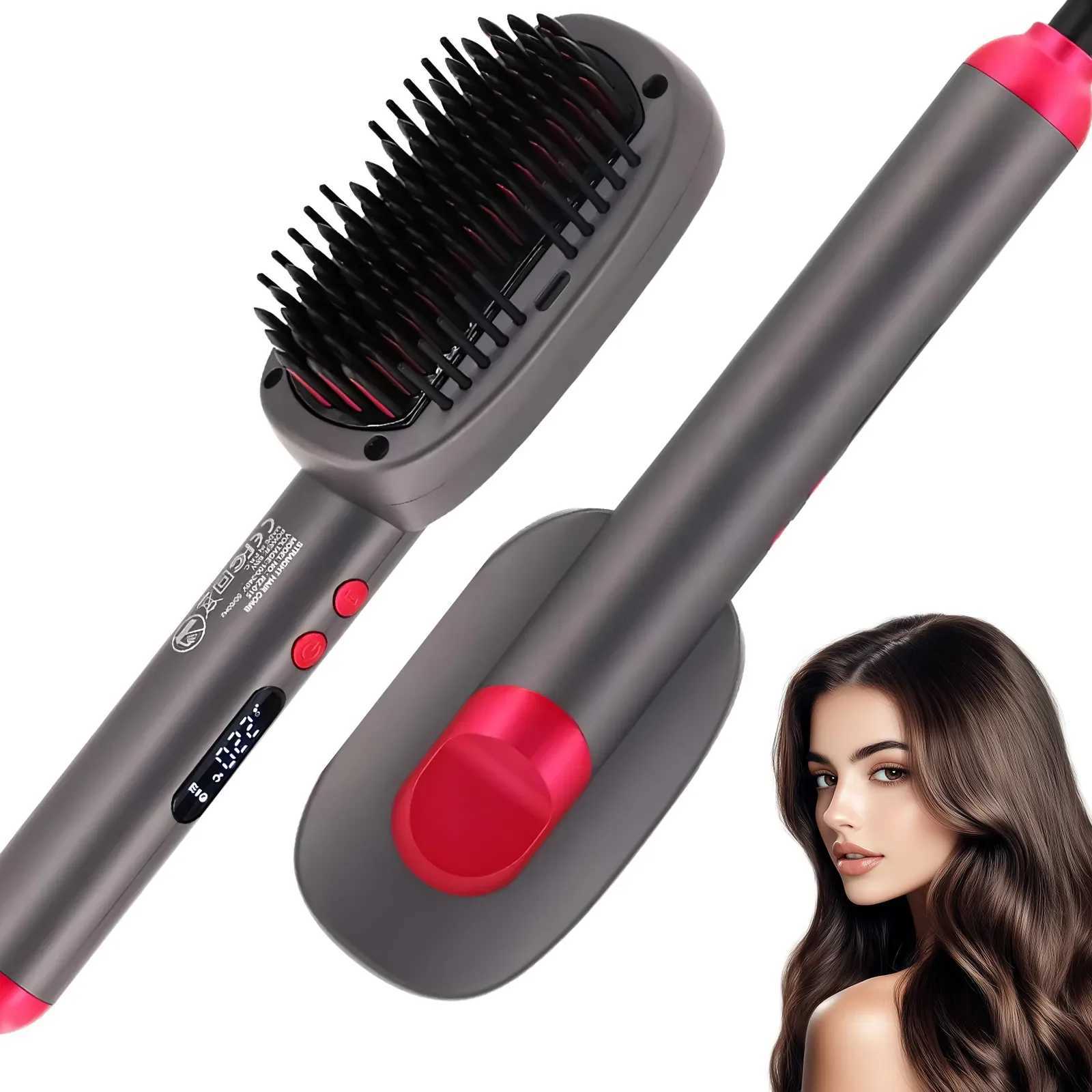 Hair Straightener Brush with Keratin Ceramic Coating Negative Ion Straightening Brush Dual Voltage Hot-air Hair Brush - Black W250814