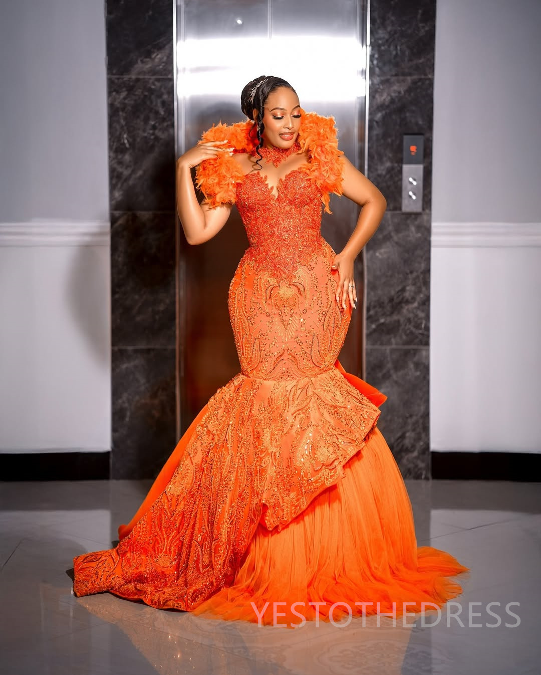 Plus Size Orange Prom Dress 2025 Evening Dresses For Special Occasions High Neck Appliqued Lace Beaded Lace Feathered Birthday Dress Second Reception 