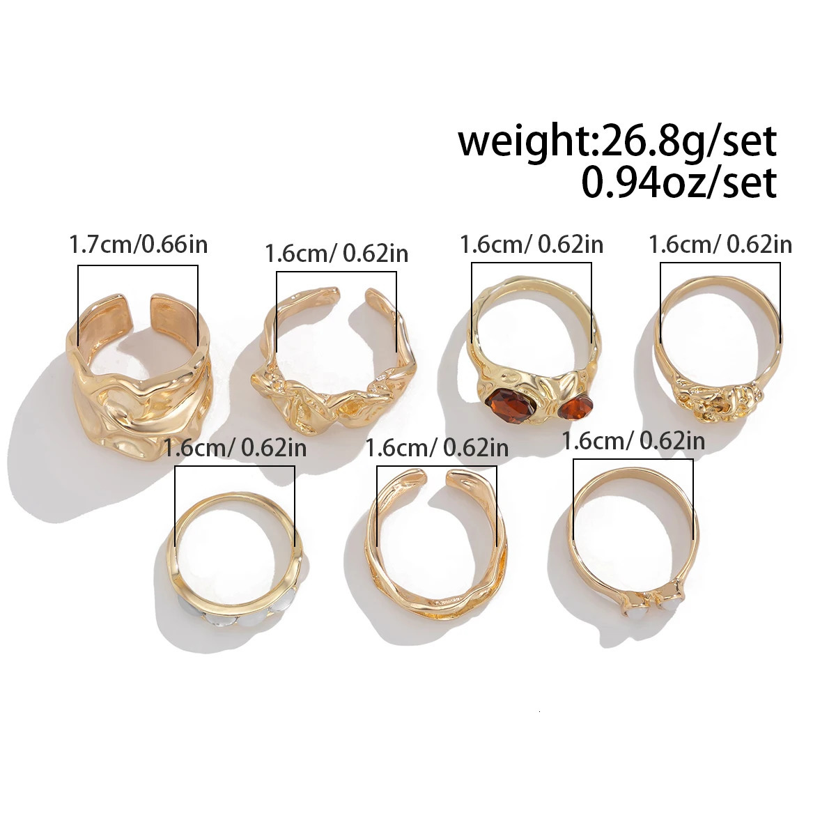 Ingemark 7Pcs/Set Vintage Irregular Folded Surface Open Rings for Women Goth Red Rhinestone Finger Rings Wed Bridal Jewelry Gift 250811