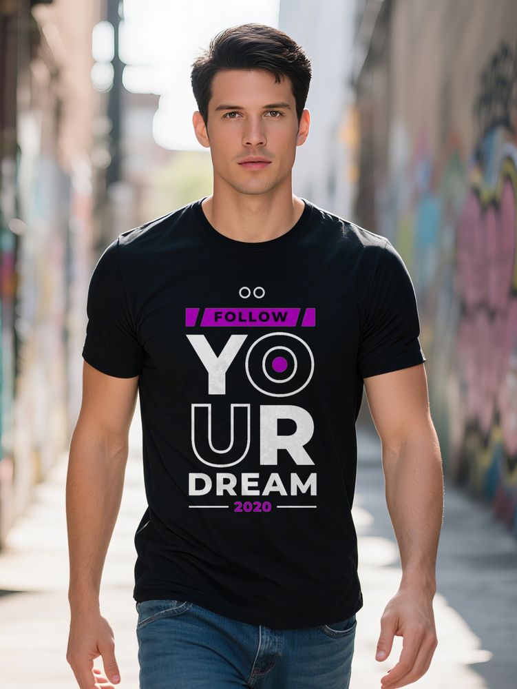 Men S Versatile Crew Neck T-Shirt with Follow Your Dream Eye Print Black Short Sleeve Tee Perfect Gift for Him Summer