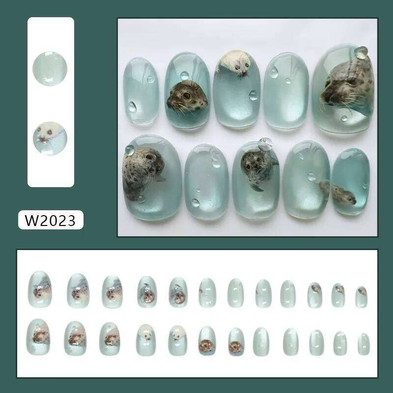 24pcs Shiny Green Cat Eye False Cute Seal Print Fake Tips Wearable Reusable Glossy Short Round Press on Nails X250814