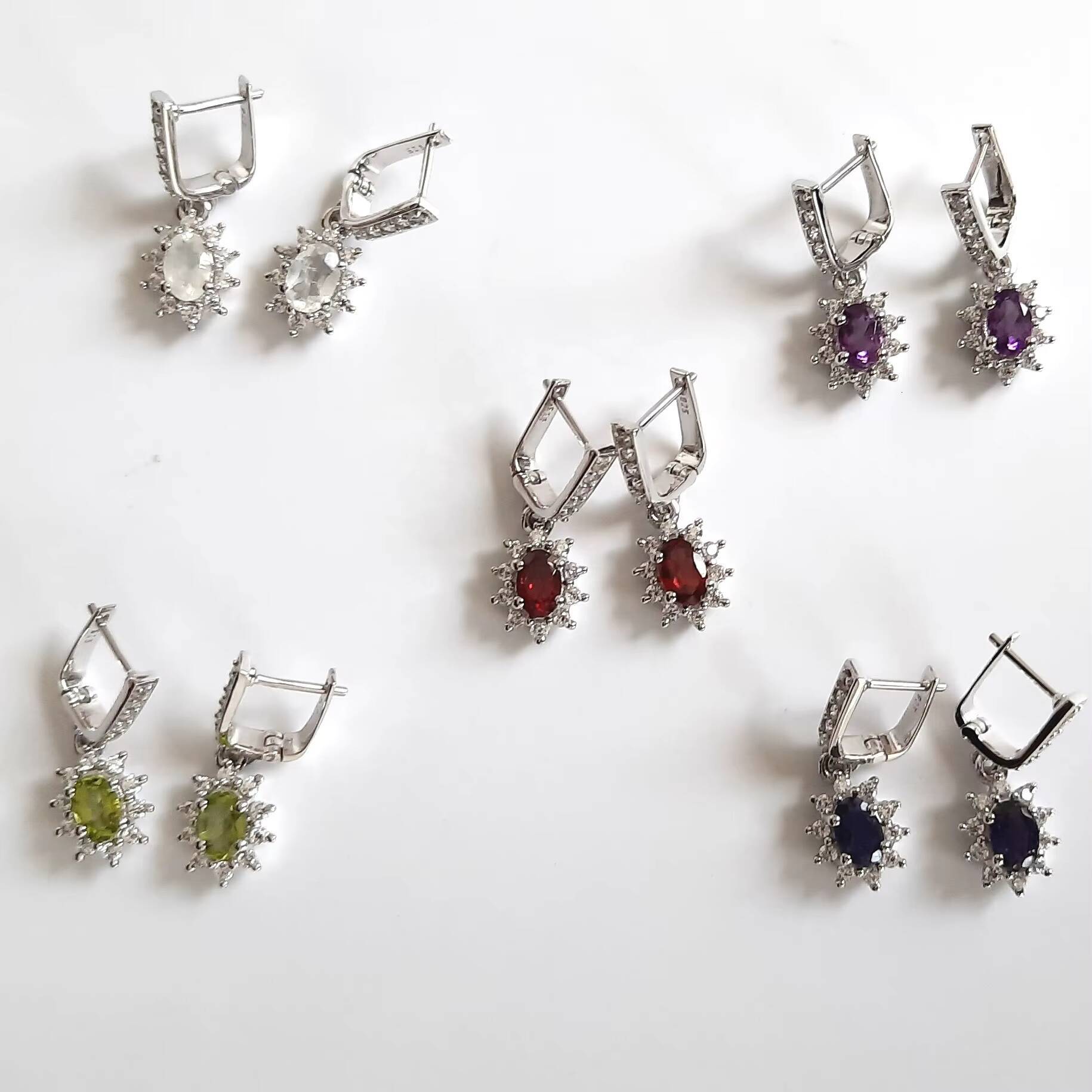 Fashion Solid Sterling Sier Peridot Garnet Amethyst Yellow Topaz Blue Opal Moonstone Stud Earrings