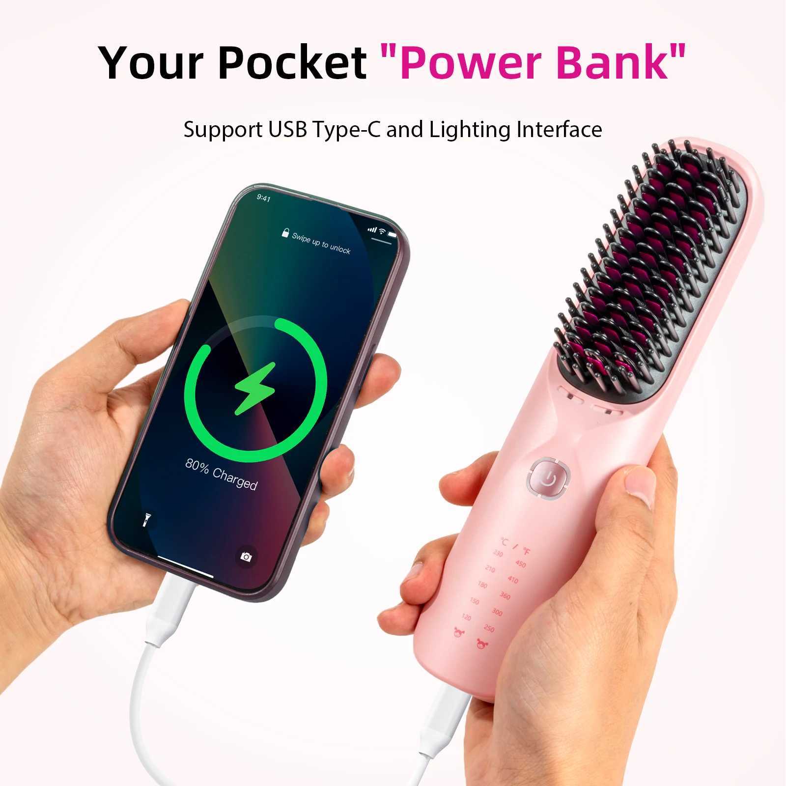 2 in 1 Portable Hair Straightener Brush Fast Heating Negative Ion Cordless Curling Comb 10000mAh 45W Fast Charging Power Bank W250814
