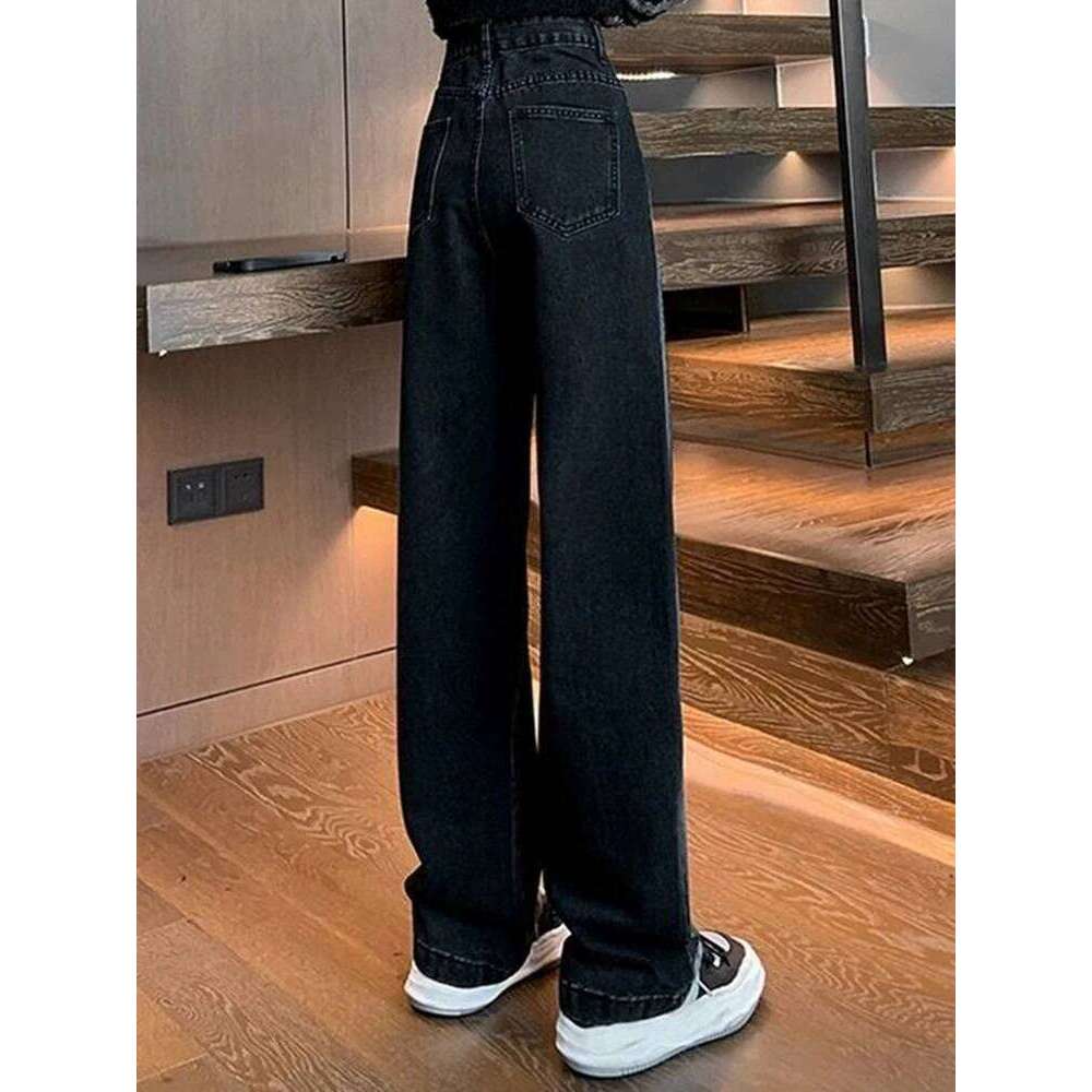 Woman Waist Jeans Lady American High Street Patchwork Straight Pants Girls Black Gray Contrast Color Wide Leg Trousers
