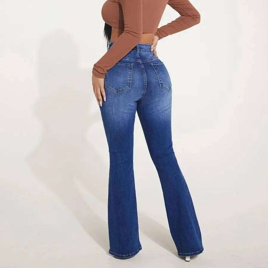 High Street Fashion High-waisted Women Four Seasons New Temperament Slim Micro-flared Jeans Casual Breasted Denim Pants