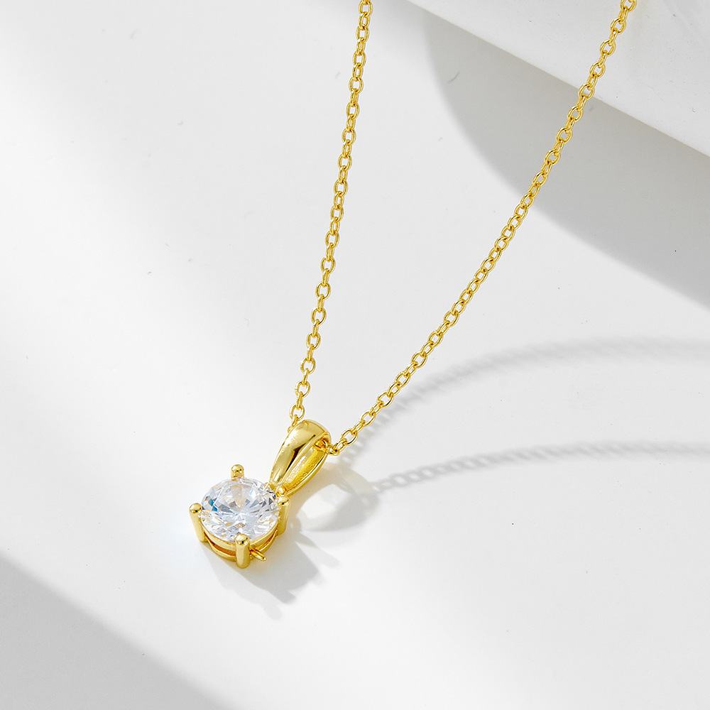 Sterling Sier Four-Prong Round Zircon High-End Light Minimalist Necklace Ins Exquisite Simple Collarbone Chain Jewelry for Women