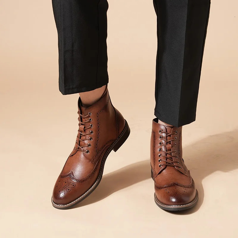 British Style Mens Brogue High Toe Shoes Vintage Leather Chelsea Boots Lace Up Autumn Winter Work Shoes Ankle Boots Men 250811