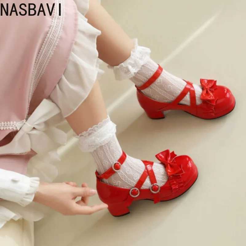 NASBAVI Womens Lolitas Mary Janes Shoes Elegant Low Heels Pumps Straps White Pink Red Black Office Wedding Shoes Girls Big Size W250814