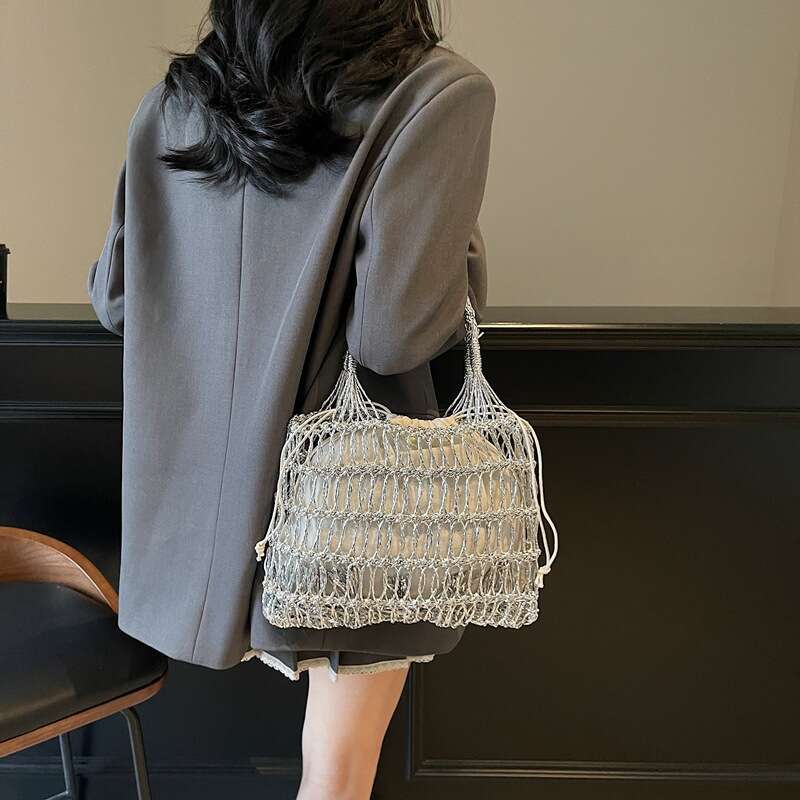 Shiny Korean INS Gold and Silver Thread Holiday Hollow Crochet Woven Personality Beach Handheld Basket Bag for Women