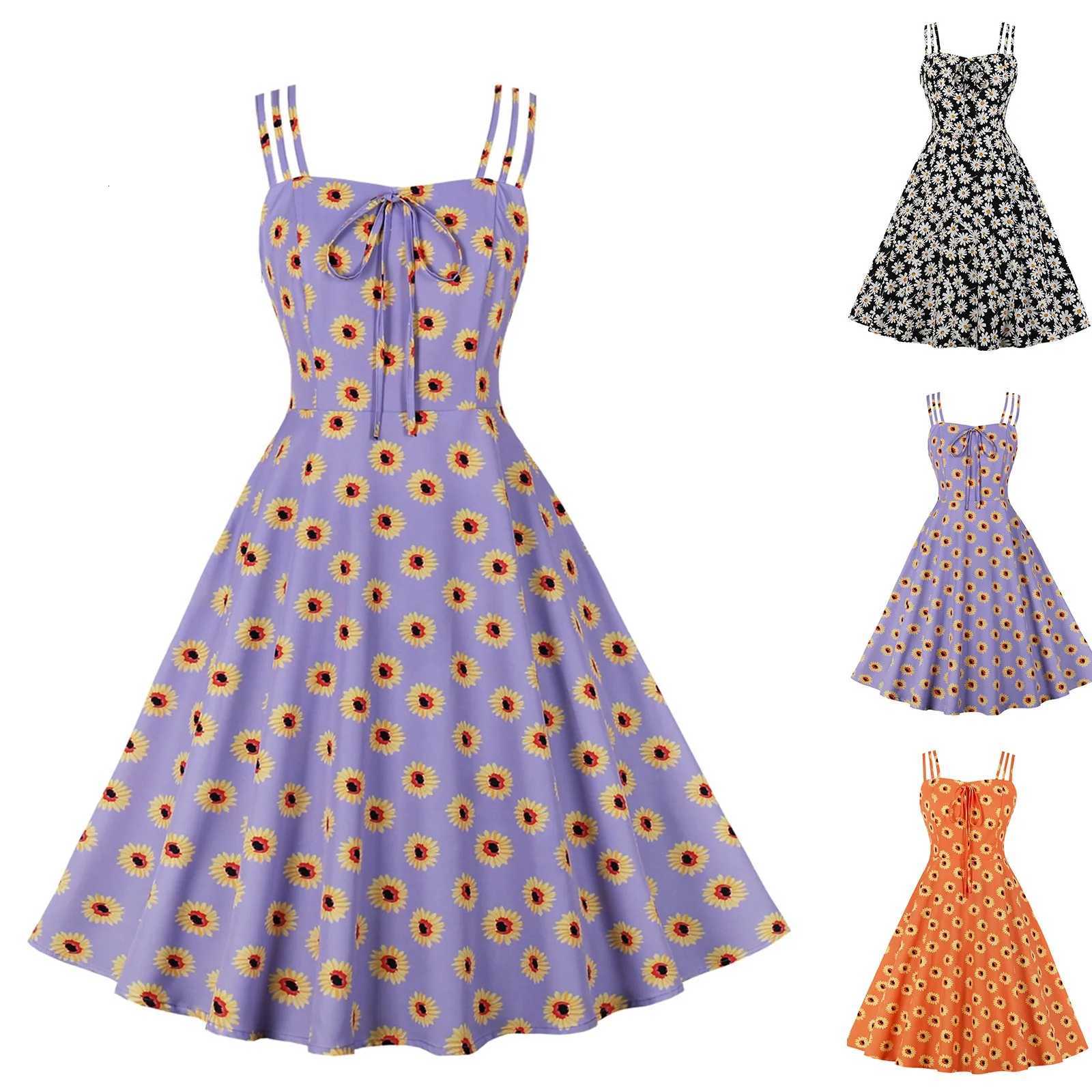 New Dress Cute Daisy Women Floral Print Fashion Spring Summer Outdoor Travel Vacation Beach Casual Vintage Dresses XJ250814