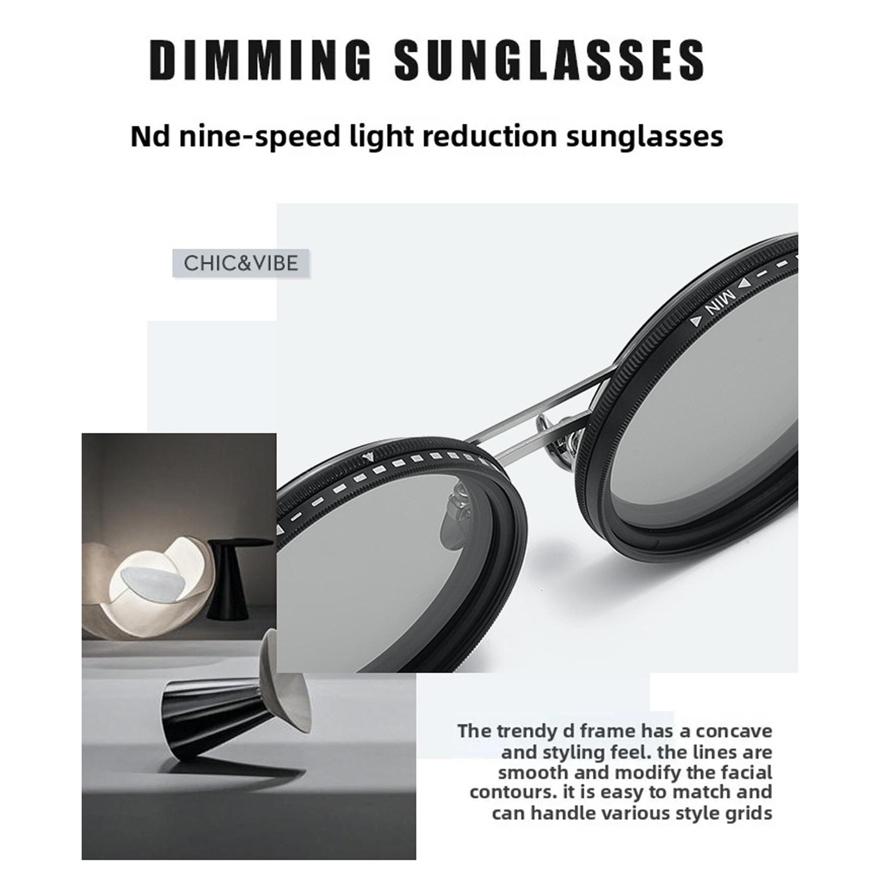 High Quality UV400 Round Polarized Brightness Adjustable Sunglasses Aperture ND Filter Tint Adjustment Sunglasses with Camera Lens