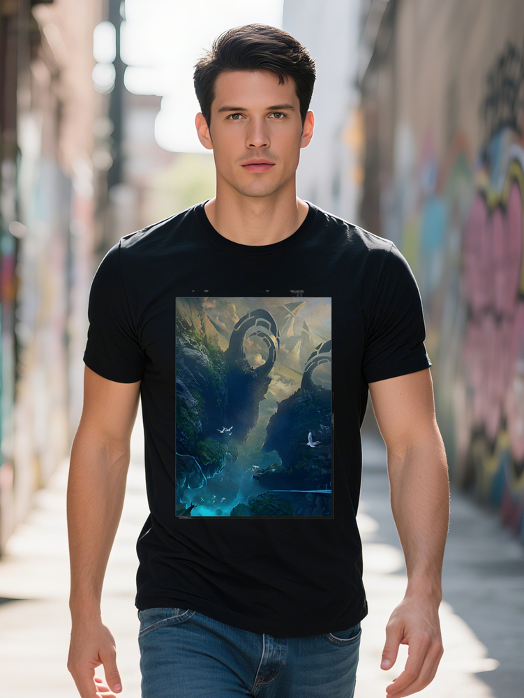 Men s Casual Short Sleeve T Shirt with Spiral Rock Waterfall Landscape Print Black Regular Fit Summer Tee