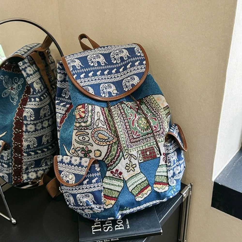 Fashion Ethnic Style Embroidery Knapsack Casual Canvas Animal Drawstring Backpack Jacquard Elephant Owl Bucket Backpack Beach XJ250814