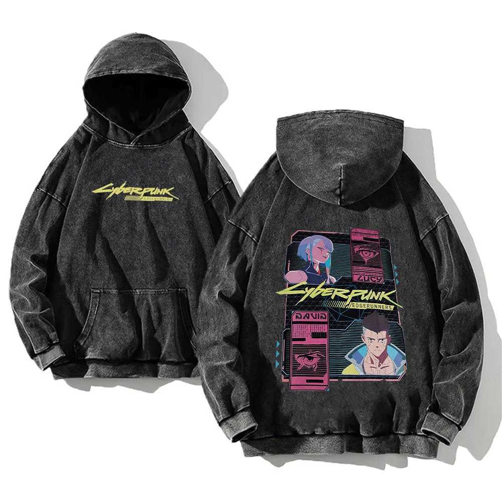 Anime Cyberpunk Edgerunners Washed Hoodies Printed Casual Men Contains Cotton Fashion Loose Pullover Unisex L250813