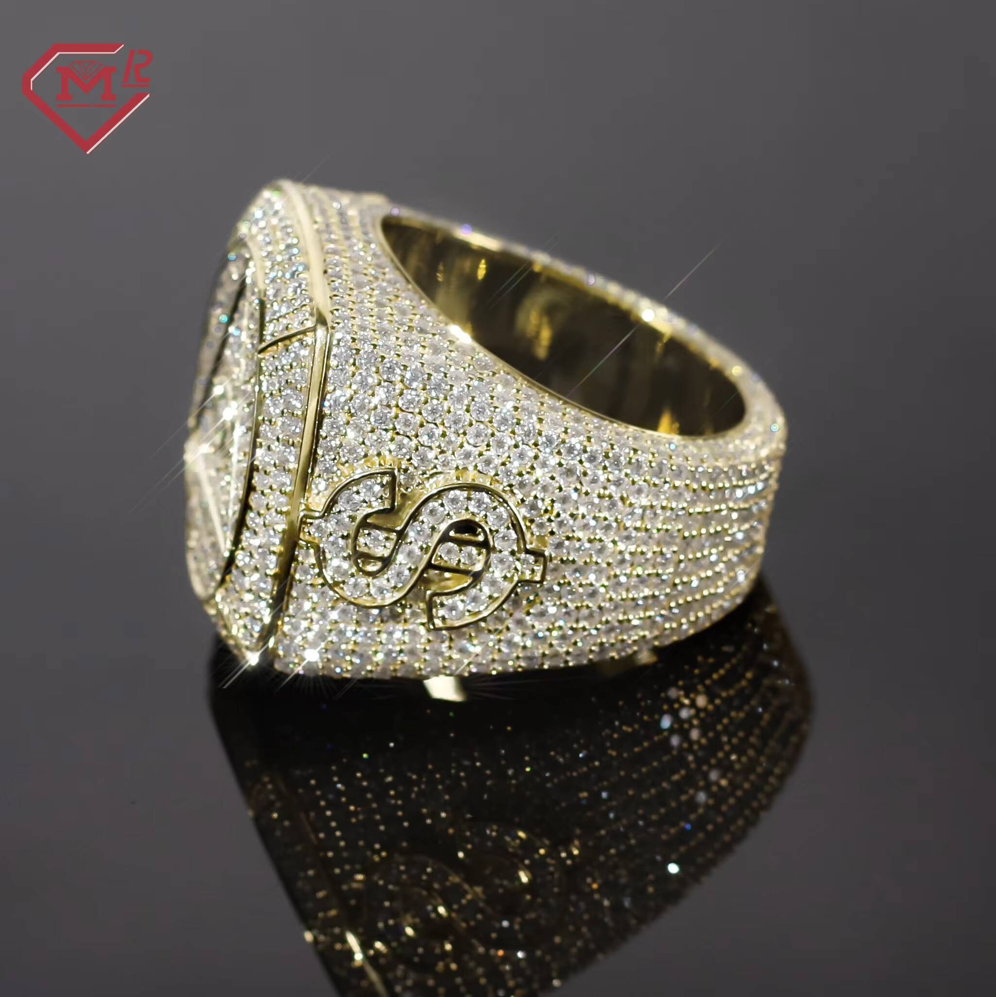 Custom Hip Hop Champion Sier Moissanite Ring Men's Yellow Gold Plated Band