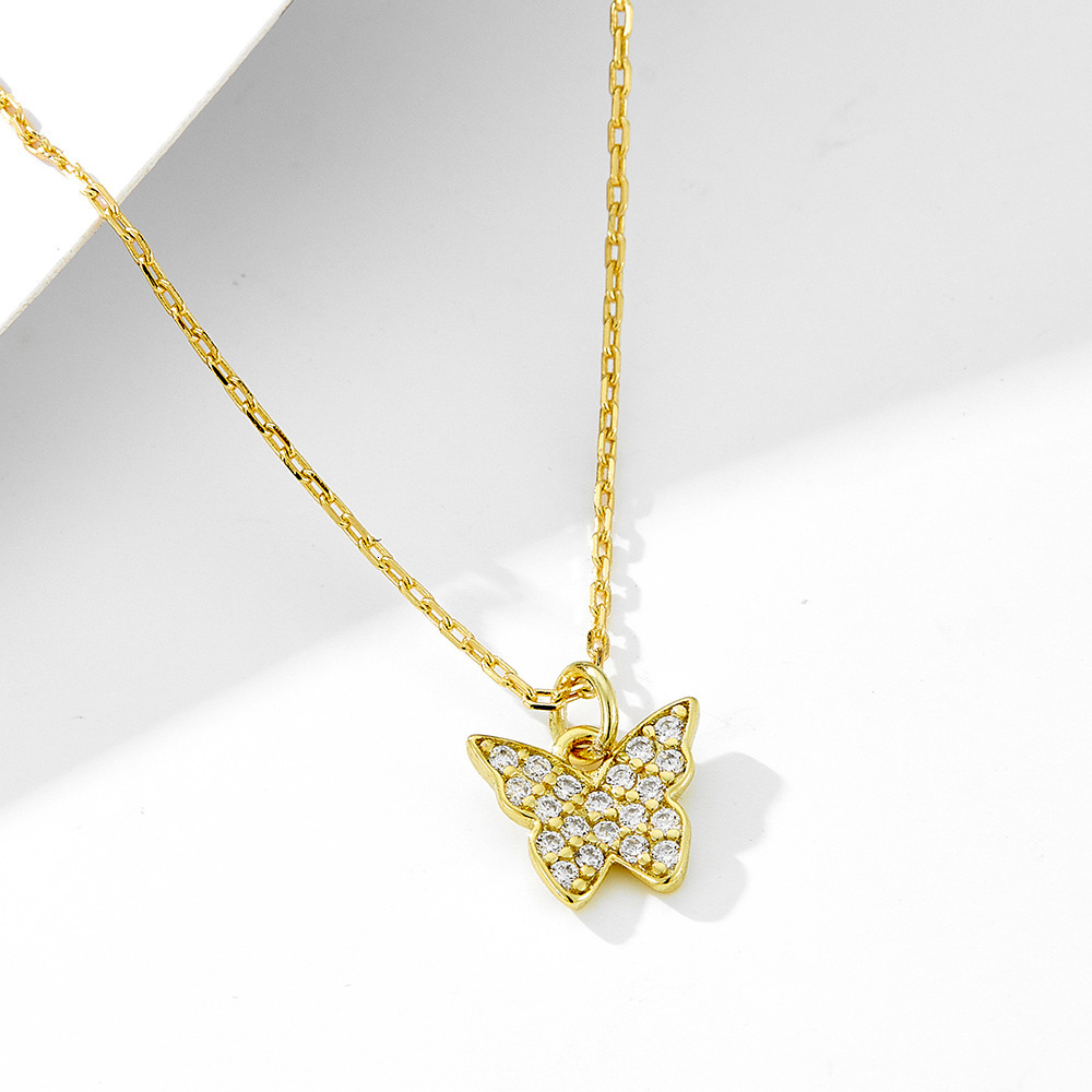 Pure Sier Full Dia Small Butterfly Necklace for Women, Simple Fashion Light Ins Style High-end Zircon Collarbone Chain