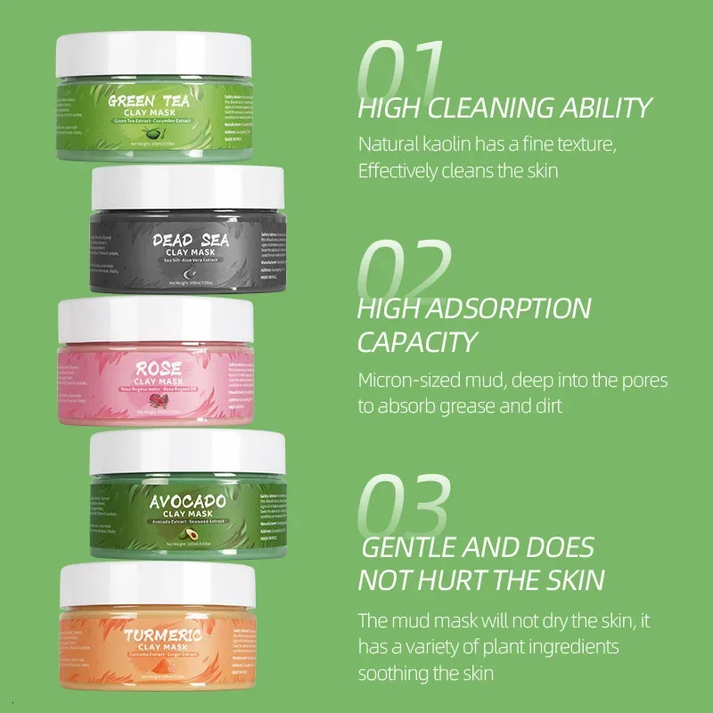 Turmeric Green Tea Rose Avocado Facial Mask Clay Mud Masks Moisturizing Removal Blackhead Whitening Face Mask Mud Skin Care 250807