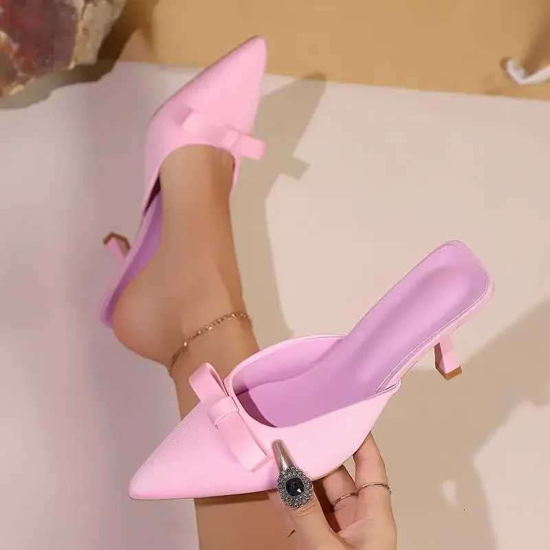 Pointed Toe Pink Bowtie High Heels Mules Shoes Woman Slip On Thin Heeled Princess Pumps Women Sweet Summer 2025 Sandals Mujer W250814