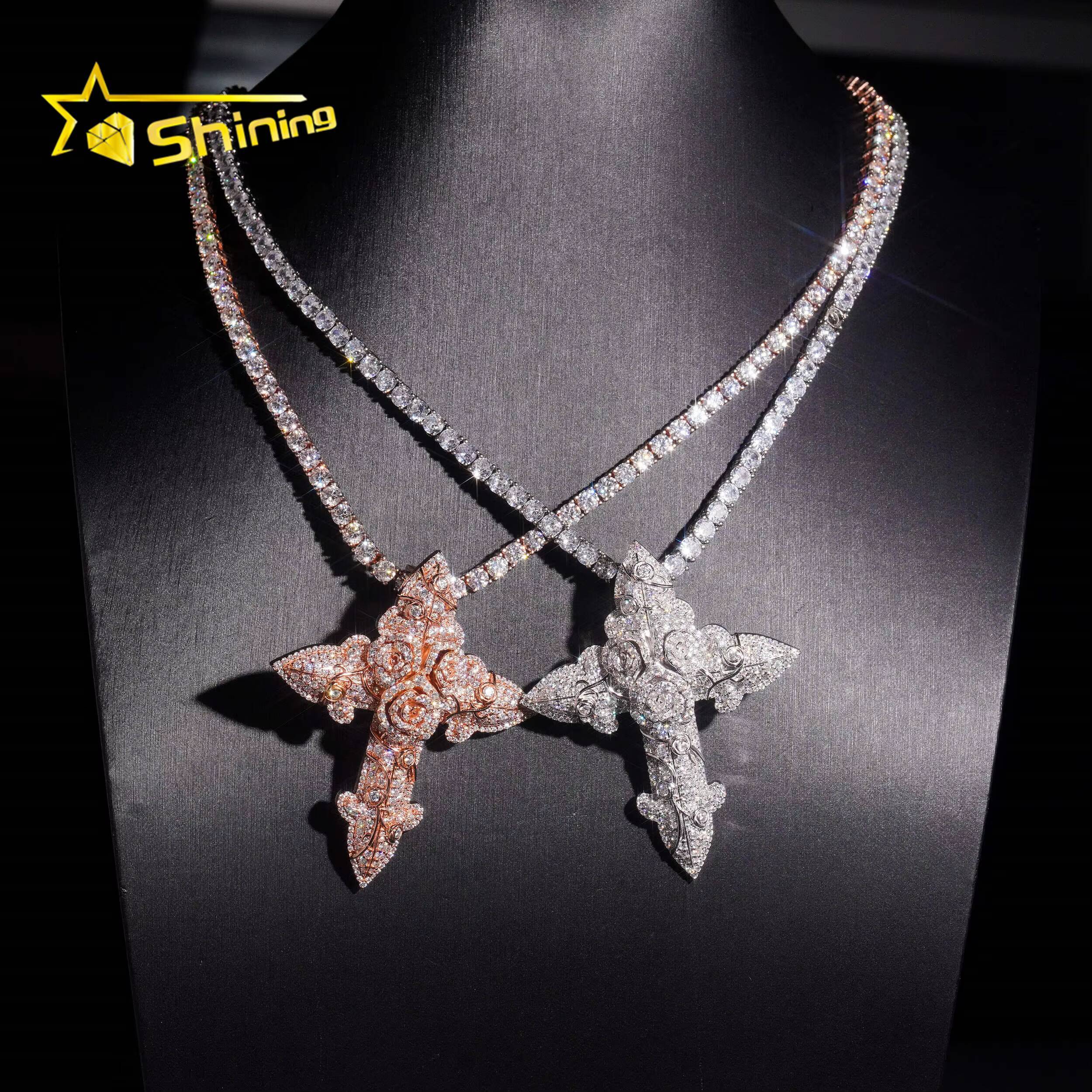 Hip Hop Rose Cross Moissanite Pendant 925 Sterling Silver Gold Plated Moissanite Pendant Iced Out Diamond Charm Pendant