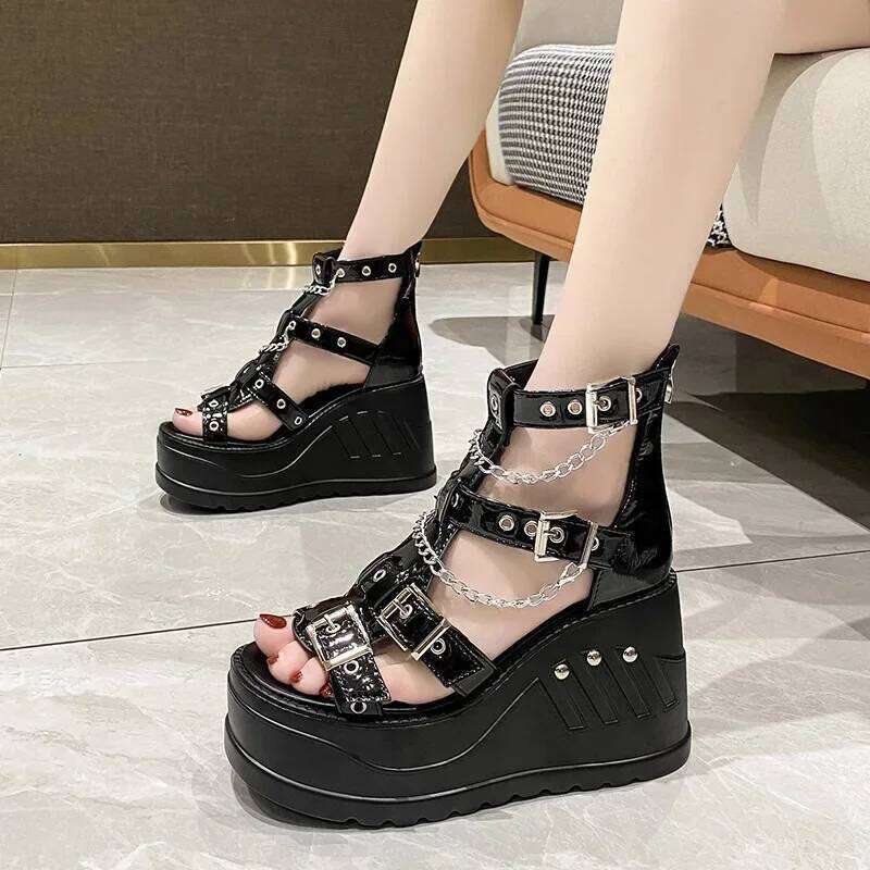 Women Wedges High Heel Gothic Punk Comfy Walking Back Zip Chains Platform Ladies Shoes Sandalias De Mujer Verano 2024