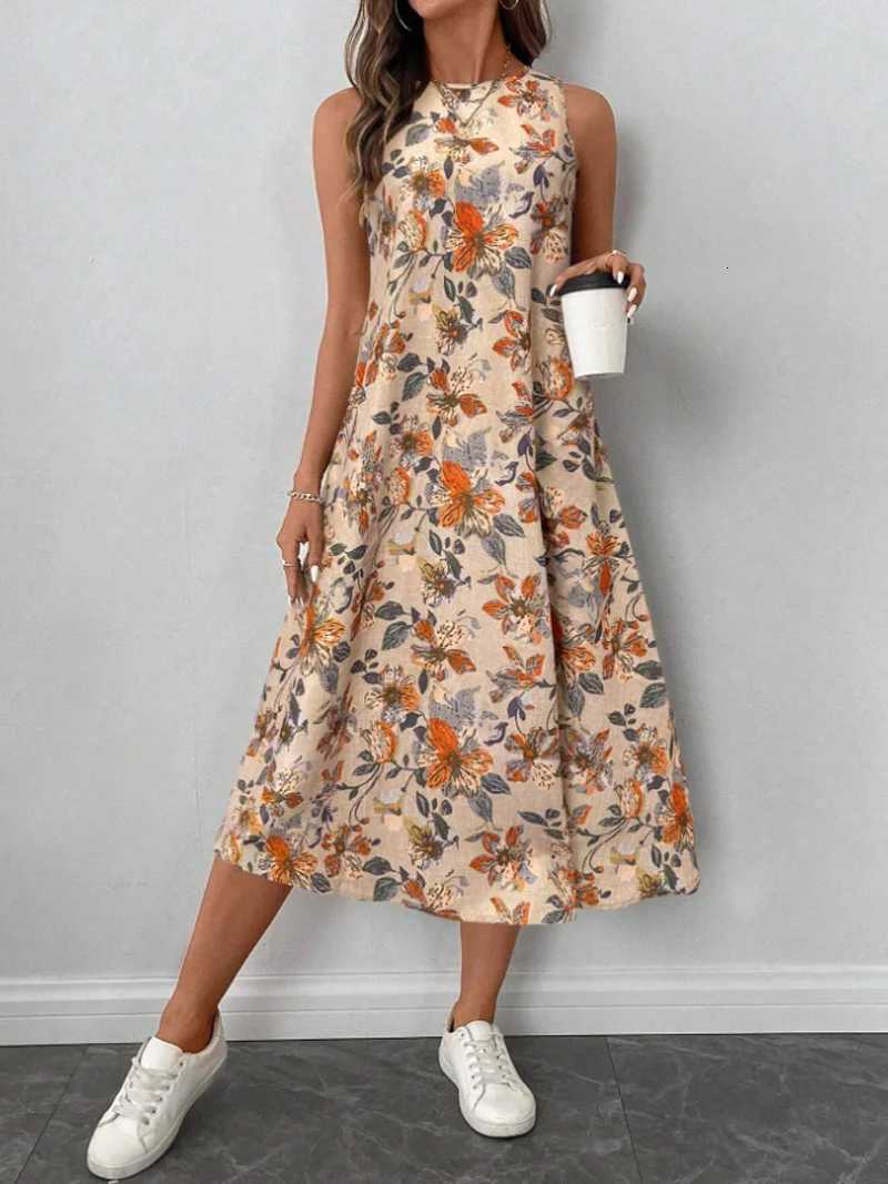 2025 Summer Womens Fashion New Floral Print Pocket A-line Dresses Casual O-neck Sleeveless Party Midi Dress Women Beach DressXJ250814