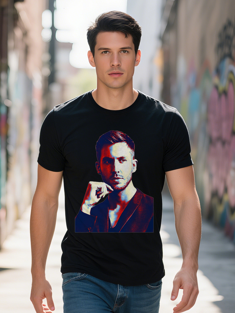 Men S Versatile T-Shirt with Stylish Male Portrait Print on Blue Background Perfect Gift for Him Comfortable Fabric