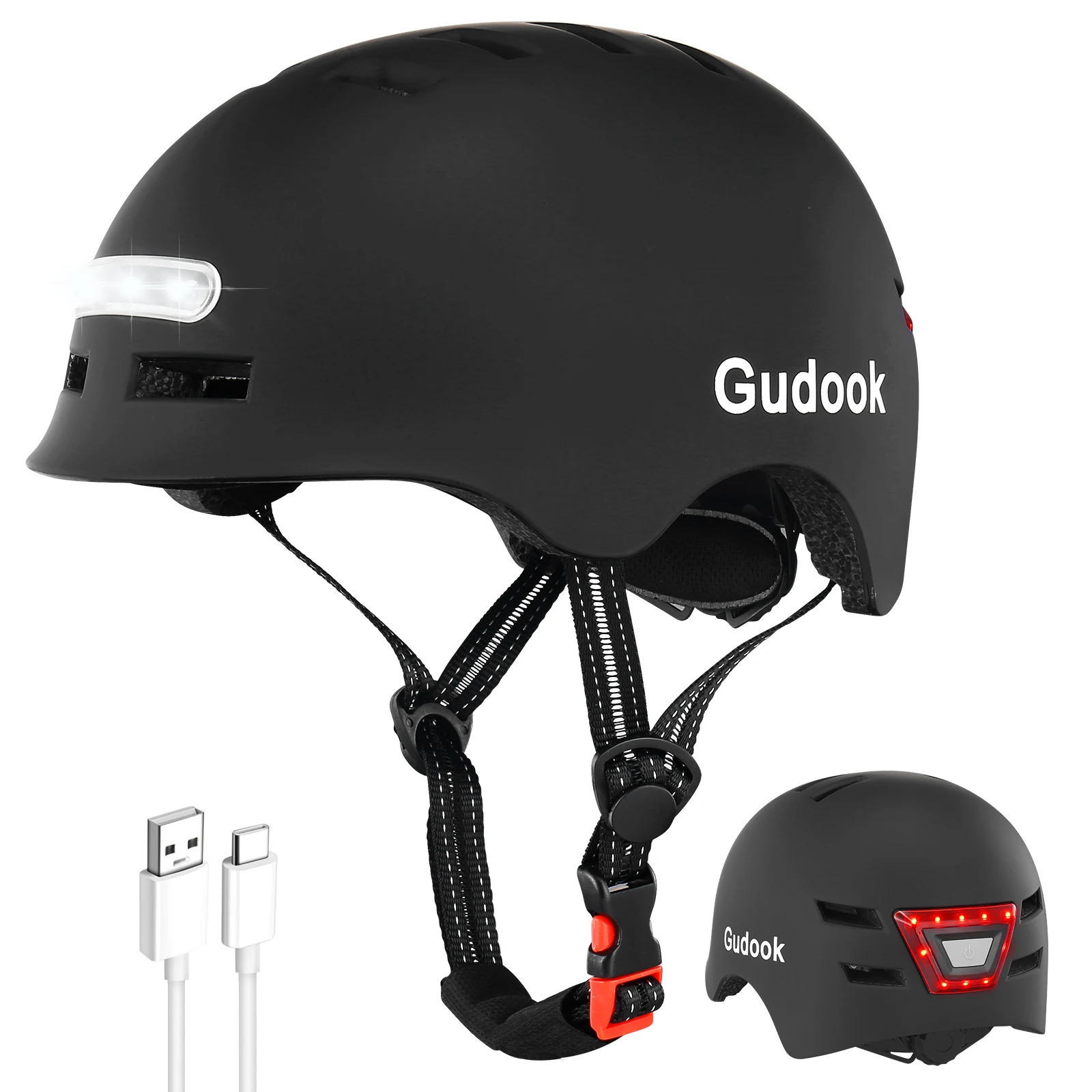 GUDOOK Adult Bike Helmet with Light Bicycle Helmets Men Women Front and Back LED Lights for Scooter Cycling Skating 250807
