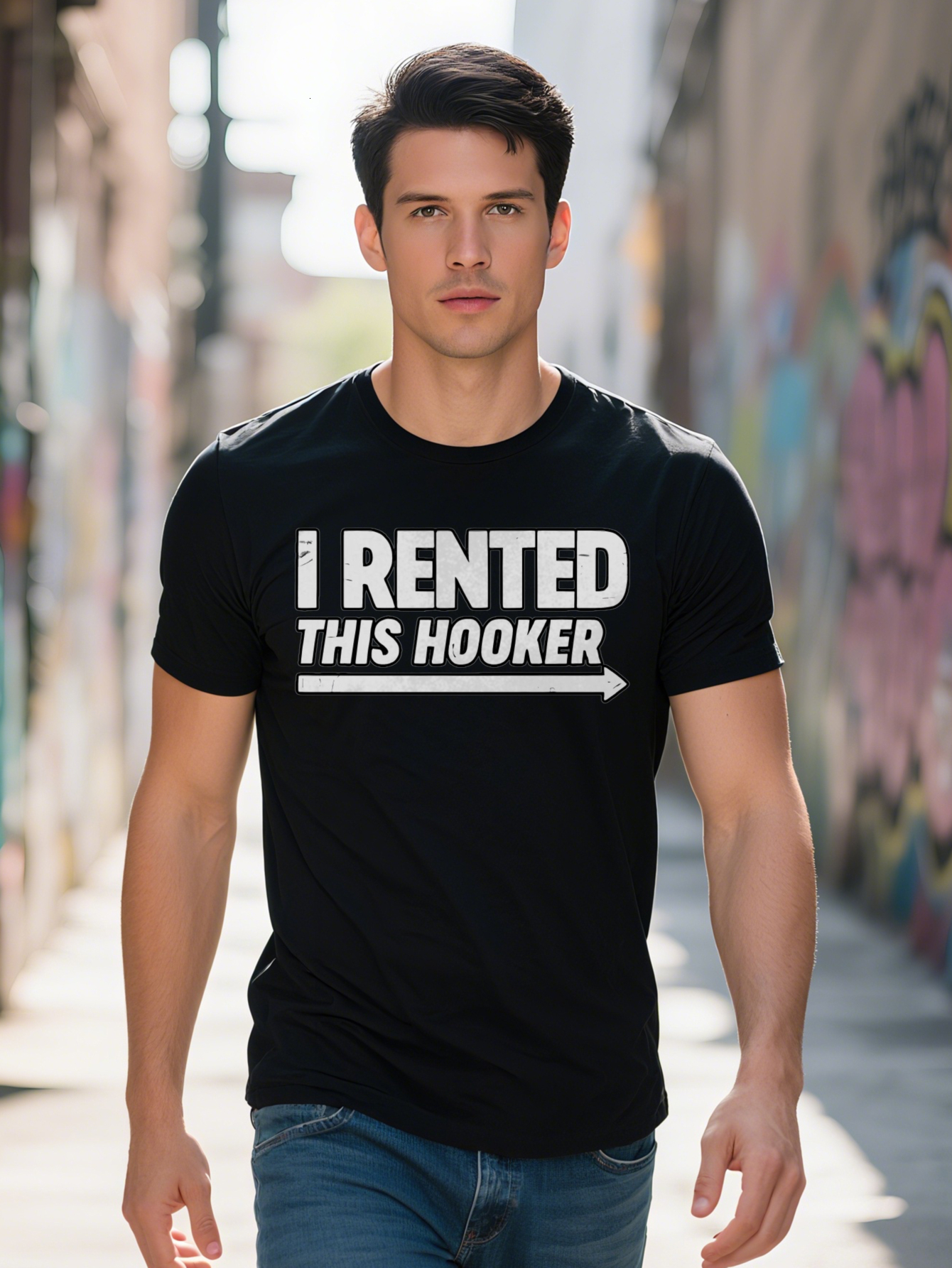 Men s Casual T Shirt with Bold I RENTED THIS HOOKER Black White Text Design Round Neck Regular Fit Summer Top