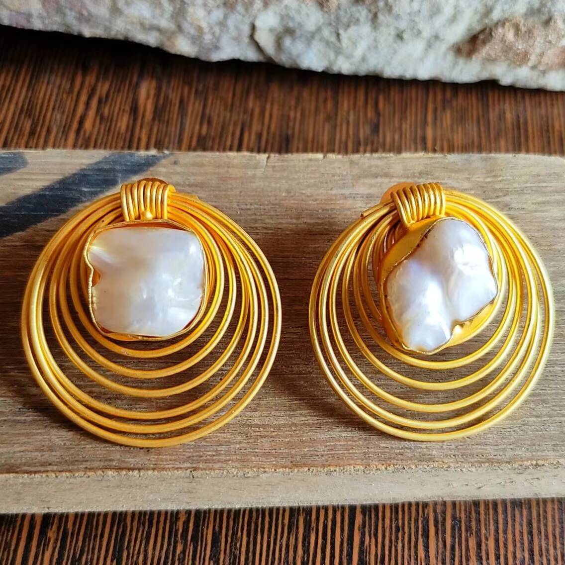 High-Quality Irregular Gold-Plated Large Baroque Pearl Line Wrapped Geometric for Women Exaggerated Statement Earrings