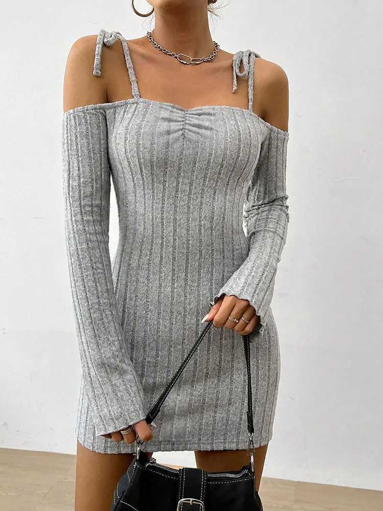 Spring New Dresses Women Streetwear Fashion Long Sleeve Lace-up Casual Slim Mini Dress Solid Sexy Off Shoulder Backless Dresses XJ250814