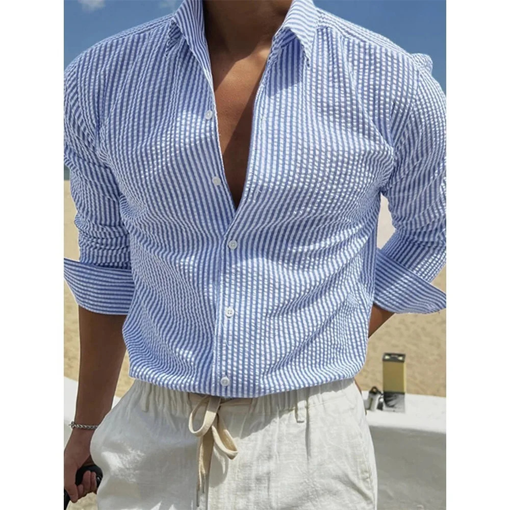 Vintage Striped Mens Shirts Daily Casual Breathable Long Sleeve Shirt Spring Summer Beach Leisure Buttoned Lapel Men Cardigans 250813